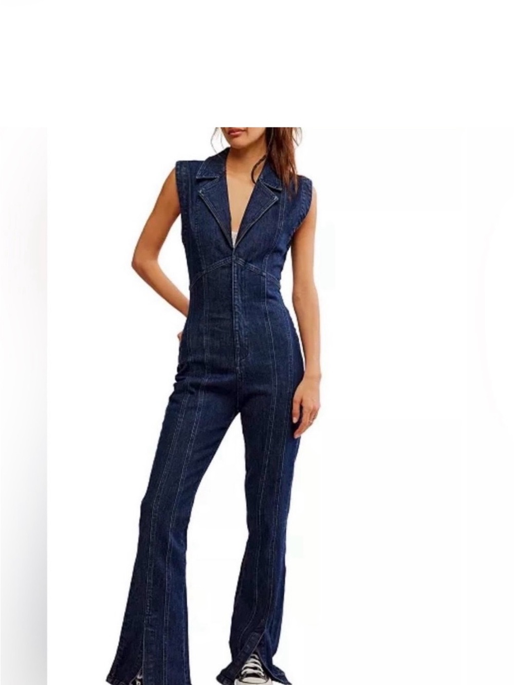We The Free Dark Blue Denim Flare Jumpsuit